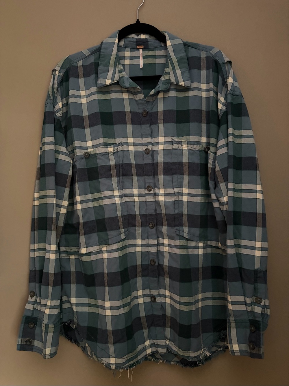 Free People Loveland Plaid Button-Down Shirt Large Blue Green Frayed Hem Utility